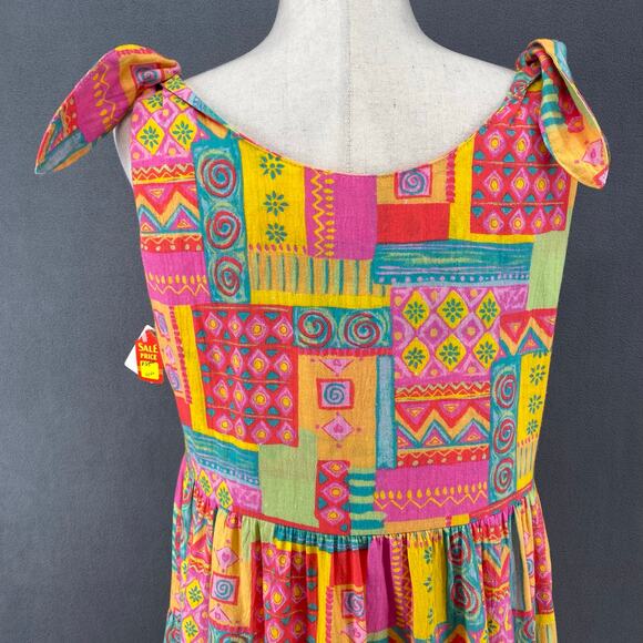 Vtg 80s 90s Two Potato Retro Artsy Midi Tiered Tie Shoulder Dress M Resort Wear - Picture 6 of 16